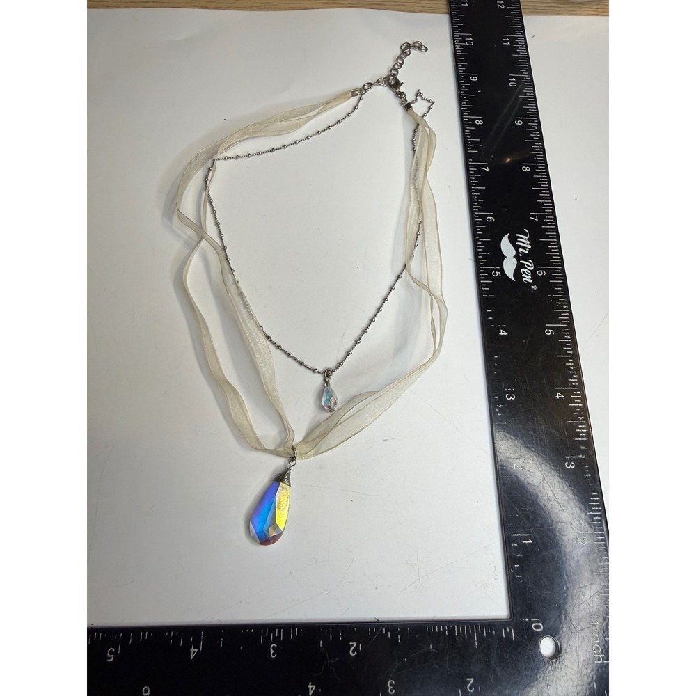 Layered Aurora Borealis Crystal Teardrop Ribbon Necklace Silver Tone Cream